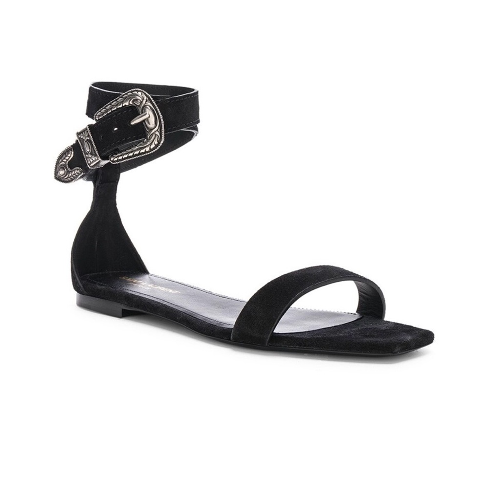 Saint Laurent Mica Buckle Suede Flat Gladiator Moto Sandals 36 - Picture 2 of 13